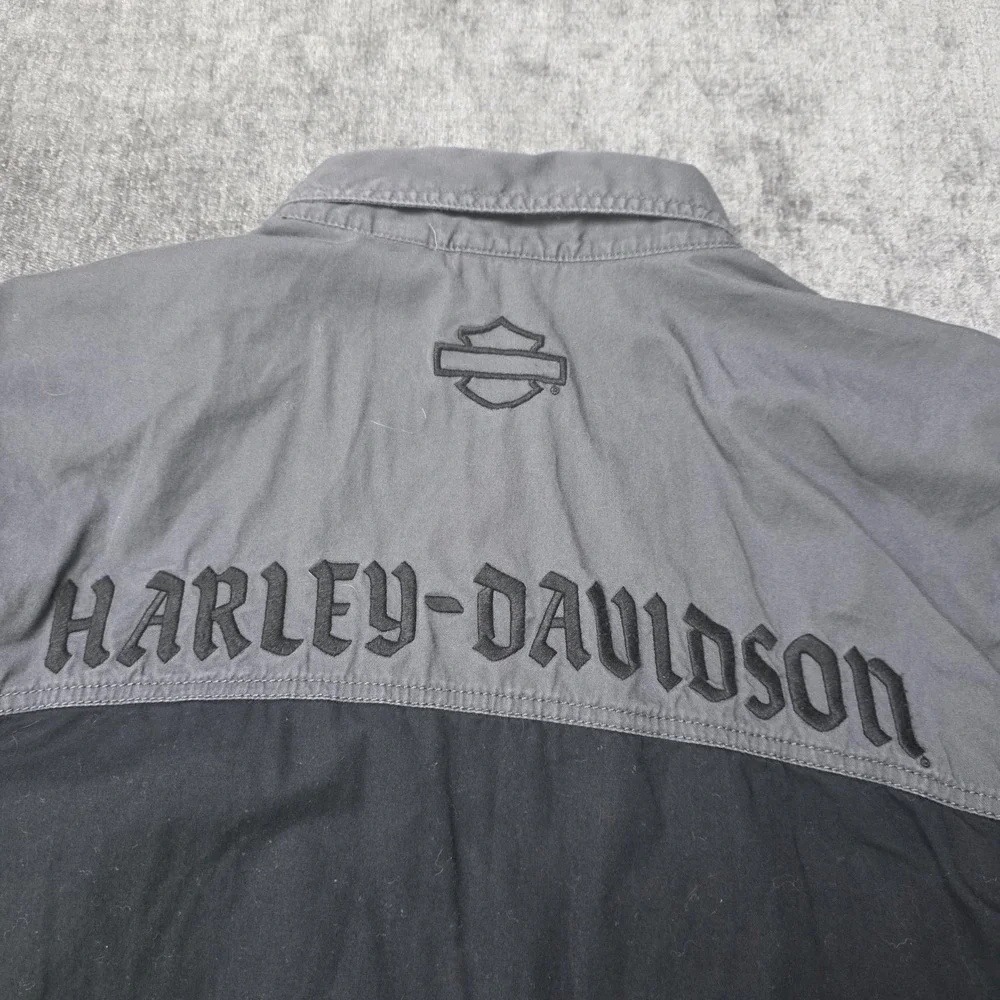 Harley Davidson Embroidered Colorblock Button Down Shirt Mens XL Black Gray Bike